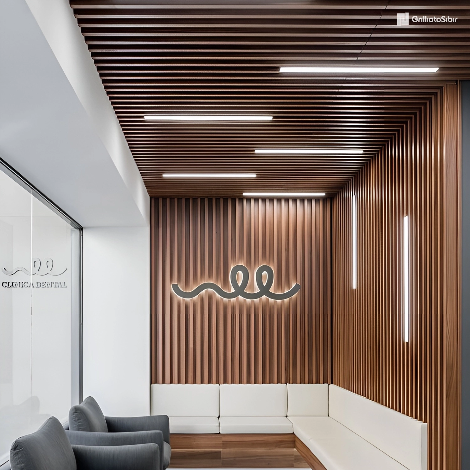 Кубообразный потолок Мультикуб 30/80 в цвете под дерево в офисе